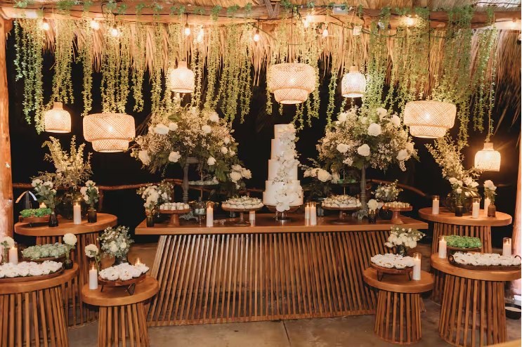 Dessert and cake display under the pavilion with hanging lanterns and white florals